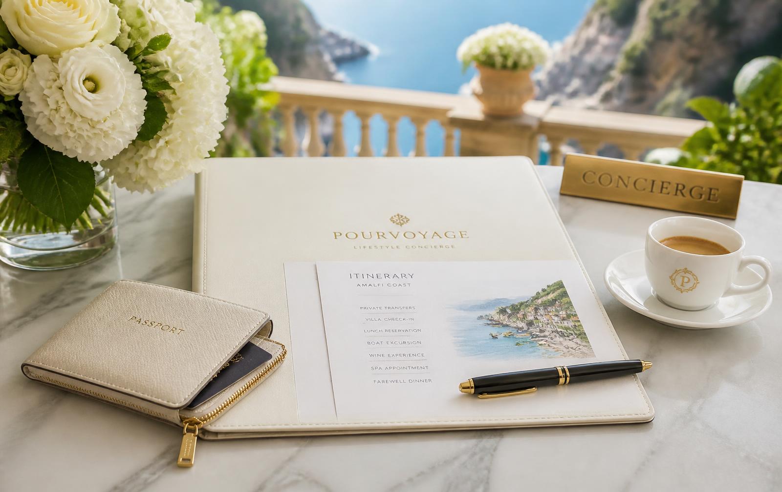 Travel itinerary folder, passport wallet and espresso on a villa terrace table