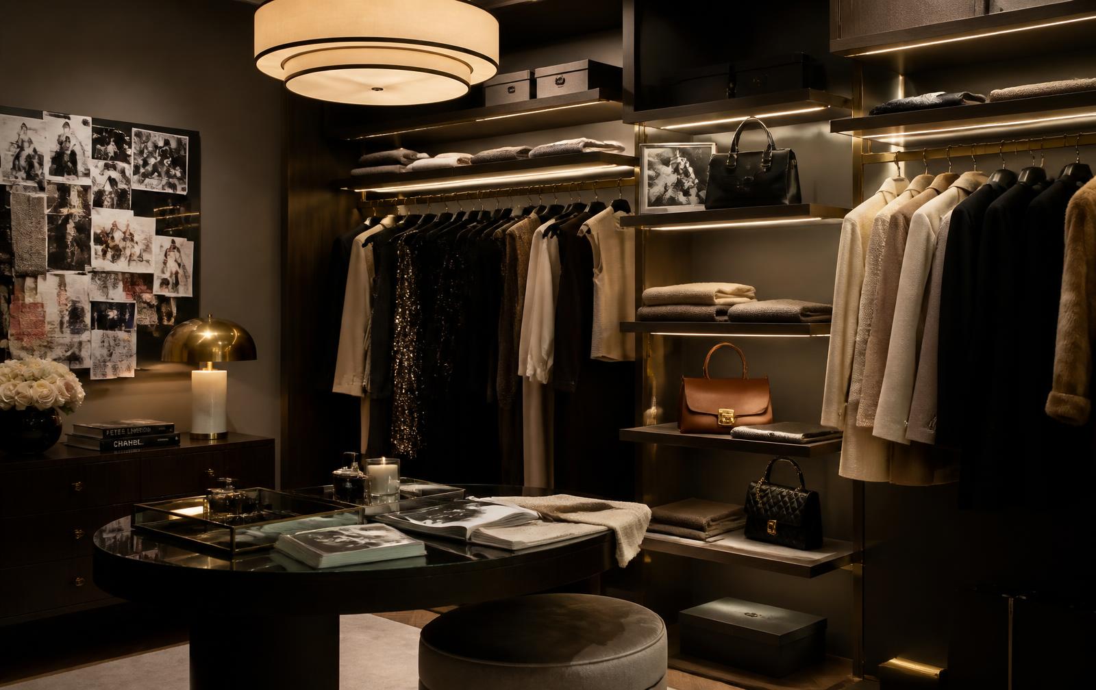 Curated designer wardrobe on brass rails in a private styling suite