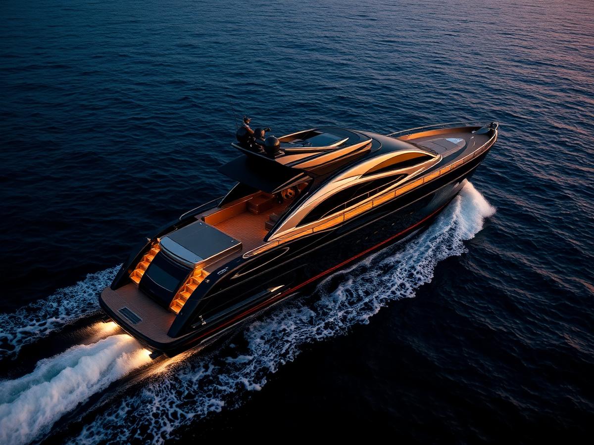 90-foot Italian sport yacht running at dusk with a graphite hull