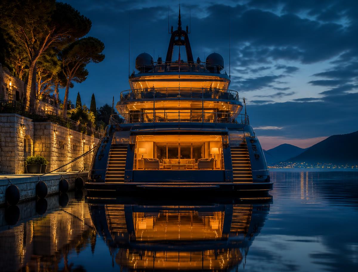 160-foot custom superyacht moored stern-to at a private quay at blue hour